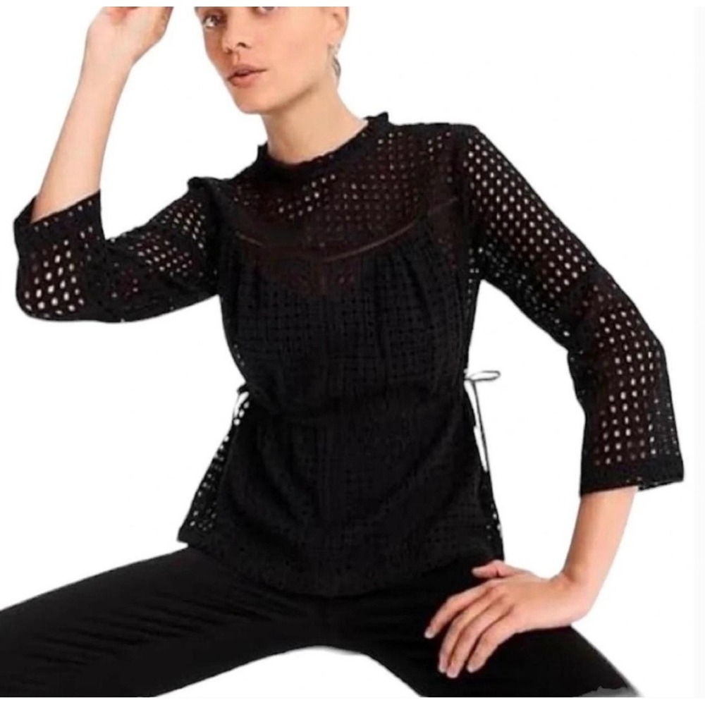 J.Crew‎ Point Sur Black Cotton Eyelet Cinched Tie Top Cottagecore Size 4⁠